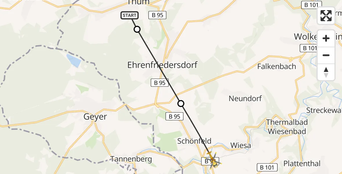 Flugroute Rettungshubschrauber Thum - Schönfeld, 20 Februar 2026, 10:40