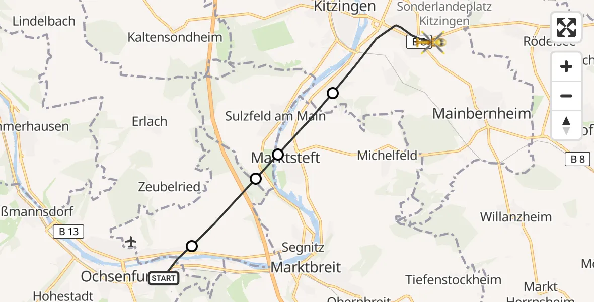 Flugroute Rettungshubschrauber Ochsenfurt - Kitzingen, 20 Februar 2026, 10:41