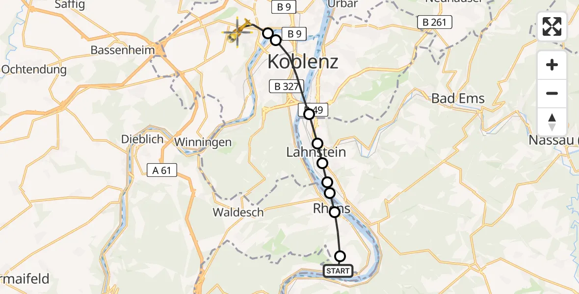 Flugroute Rettungshubschrauber Boppard - Koblenz, 20 Februar 2026, 10:51