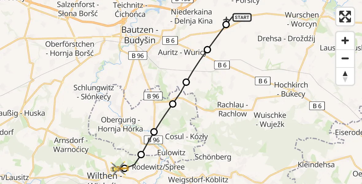 Flugroute Rettungshubschrauber Bautzen Airfield - Wilthen, 20 Februar 2026, 11:02