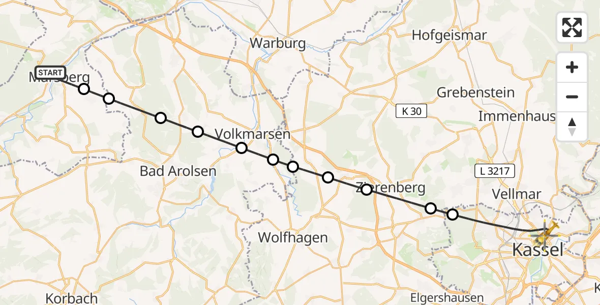 Flugroute Ambulanzhubschrauber Marsberg - Kassel, 20 Februar 2026, 11:05