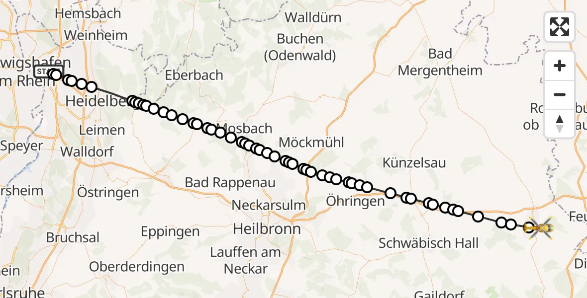 Flugroute Rettungshubschrauber Mannheim-City Airport - Crailsheim, 20 Februar 2026, 11:08