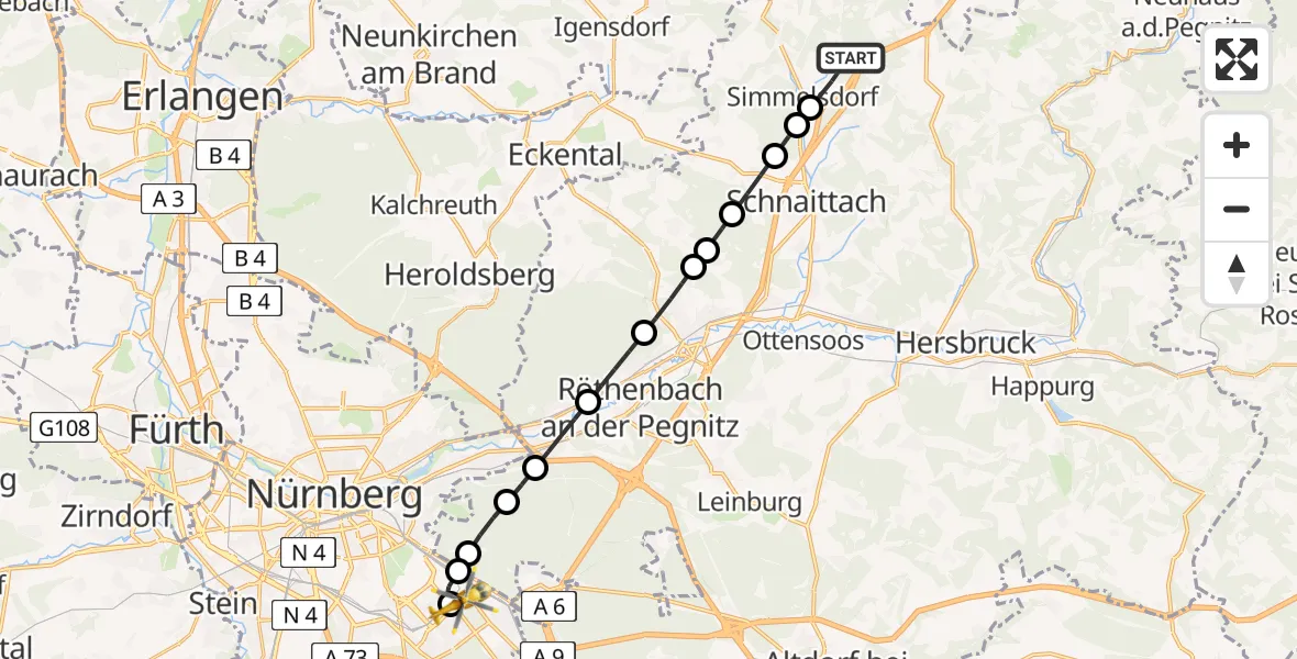 Flugroute Rettungshubschrauber Diepoltsdorf - Nürnberg South Hospital Heliport, 20 Februar 2026, 11:13