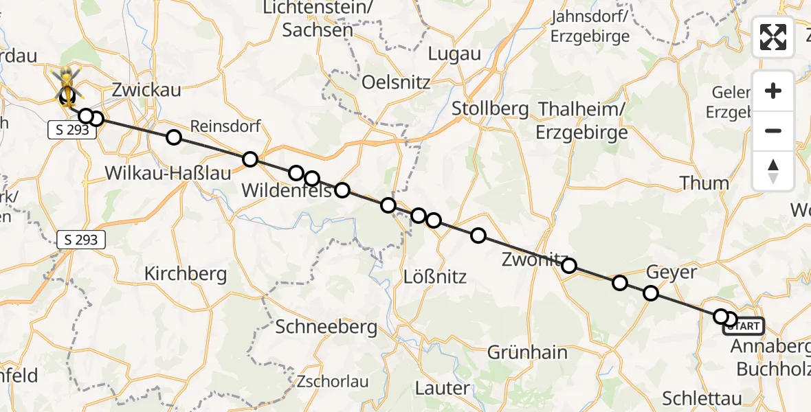 Flugroute Rettungshubschrauber Annaberg-Buchholz - ADAC Air Rescue Station Zwickau Heliport, 20 Februar 2026, 11:15