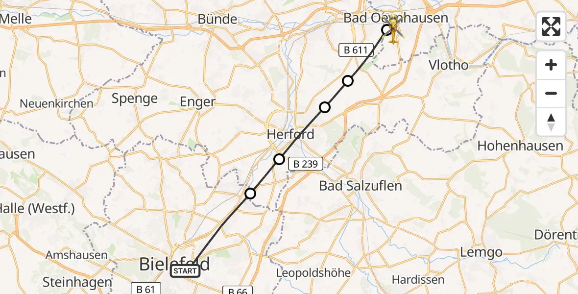 Flugroute Rettungshubschrauber Bielefeld - Bad Oeynhausen, 20 Februar 2026, 11:16