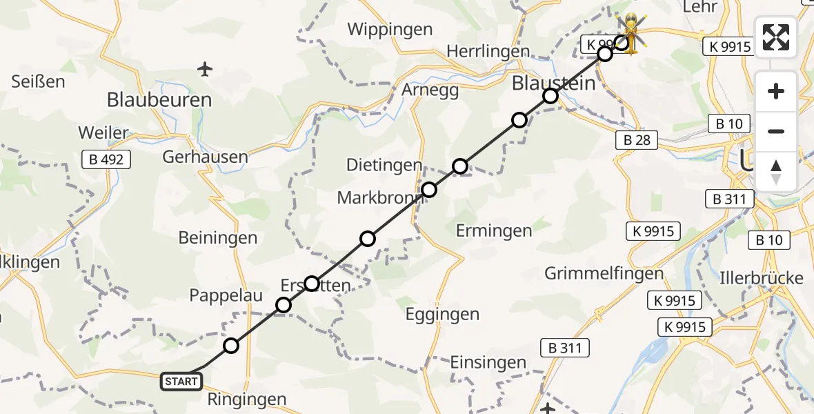 Flugroute Rettungshubschrauber Erbach - ADAC Air Rescue Station Ulm (Christoph 22), 20 Februar 2026, 11:33