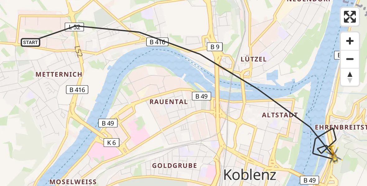 Flugroute Rettungshubschrauber Koblenz - Koblenz, 20 Februar 2026, 11:34