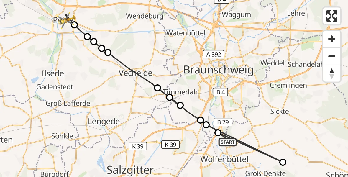 Flugroute Rettungshubschrauber Wolfenbüttel - Peine, 20 Februar 2026, 11:37