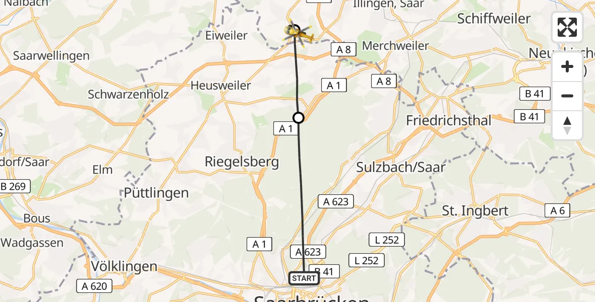 Flugroute Rettungshubschrauber Saarbrücken - Eppelborn, 20 Februar 2026, 11:38