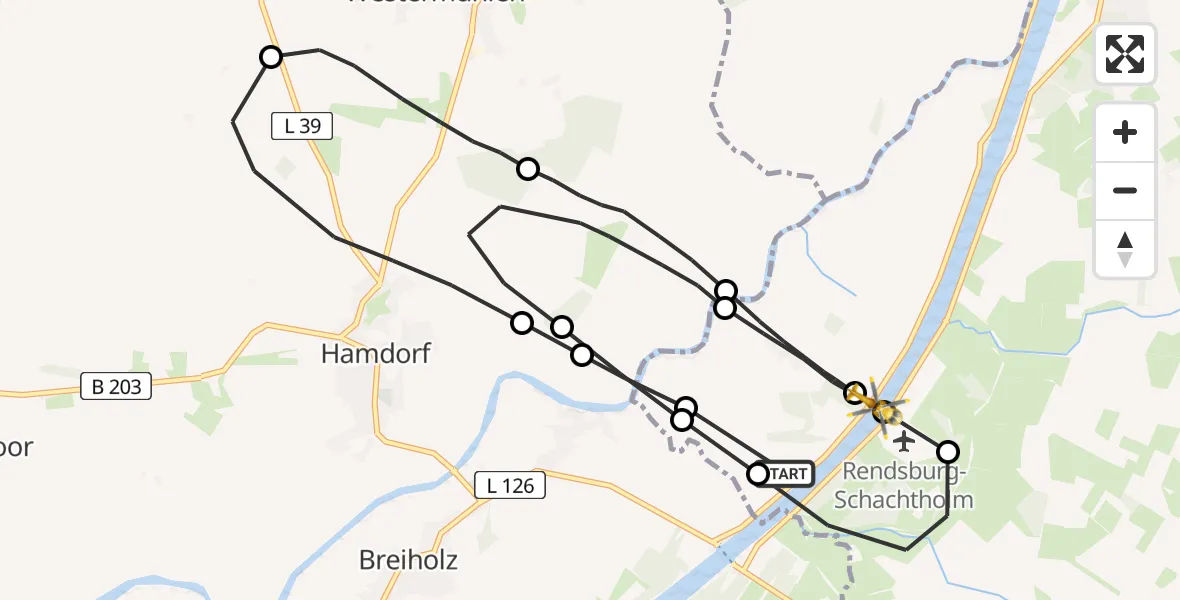 Flugroute Rettungshubschrauber Breiholz - Rendsburg-Schachtholm Airfield, 20 Februar 2026, 11:41