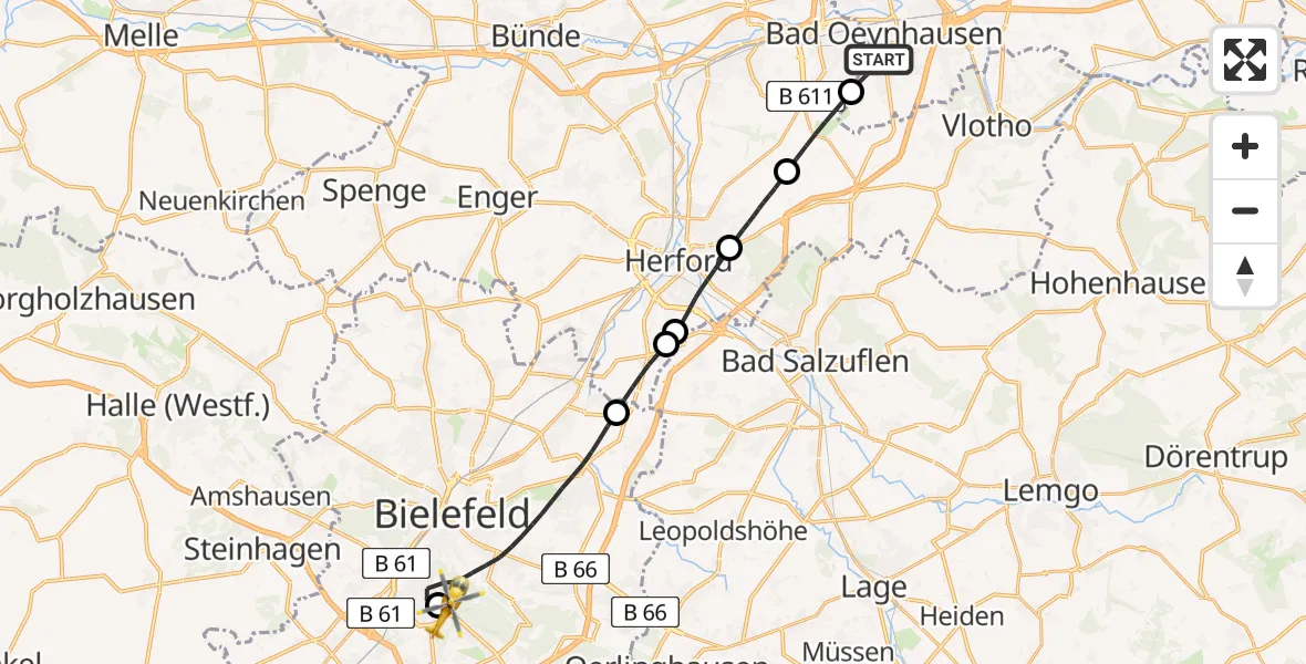 Routekaart van de vlucht: Rettungshubschrauber nach Luftrettungszentrum Bielefeld