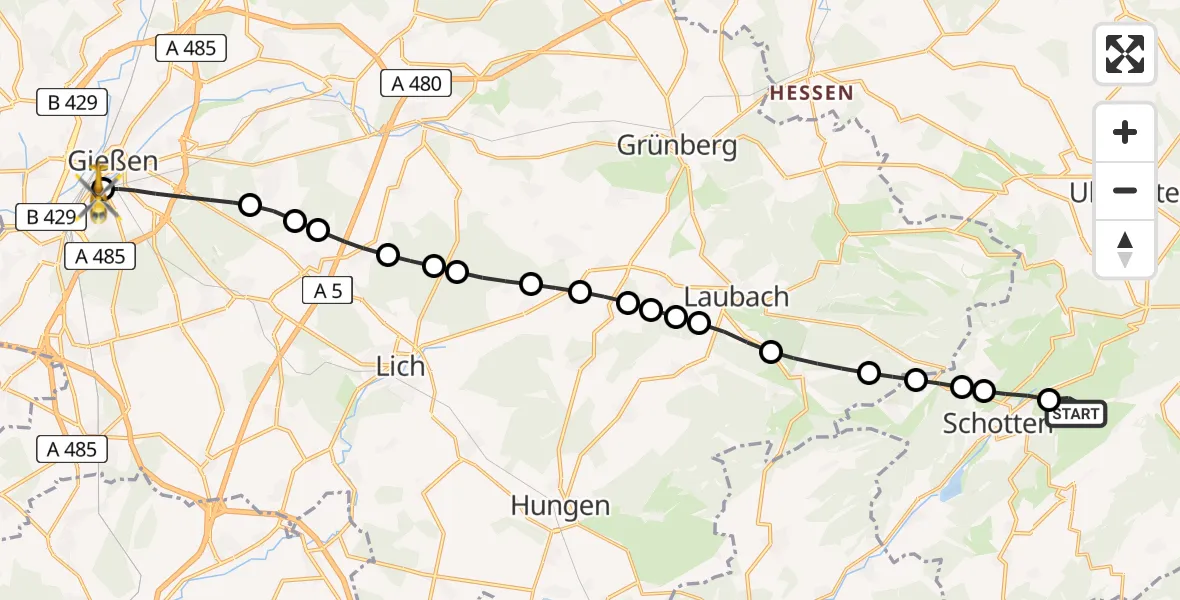 Flugroute Rettungshubschrauber Michelbach - Gießen University Hospital Heliport, 20 Februar 2026, 11:59