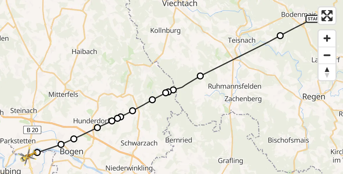Flugroute Rettungshubschrauber Bodenmais - Reibersdorf, 20 Februar 2026, 12:03