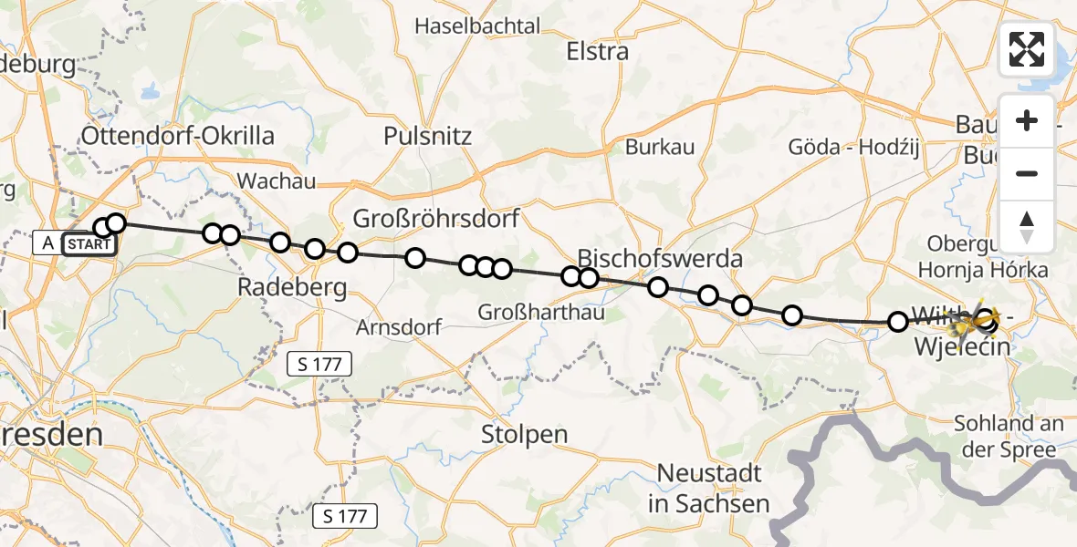 Flugroute Rettungshubschrauber Dresden Federal Police Heliport - Wilthen, 20 Februar 2026, 12:04