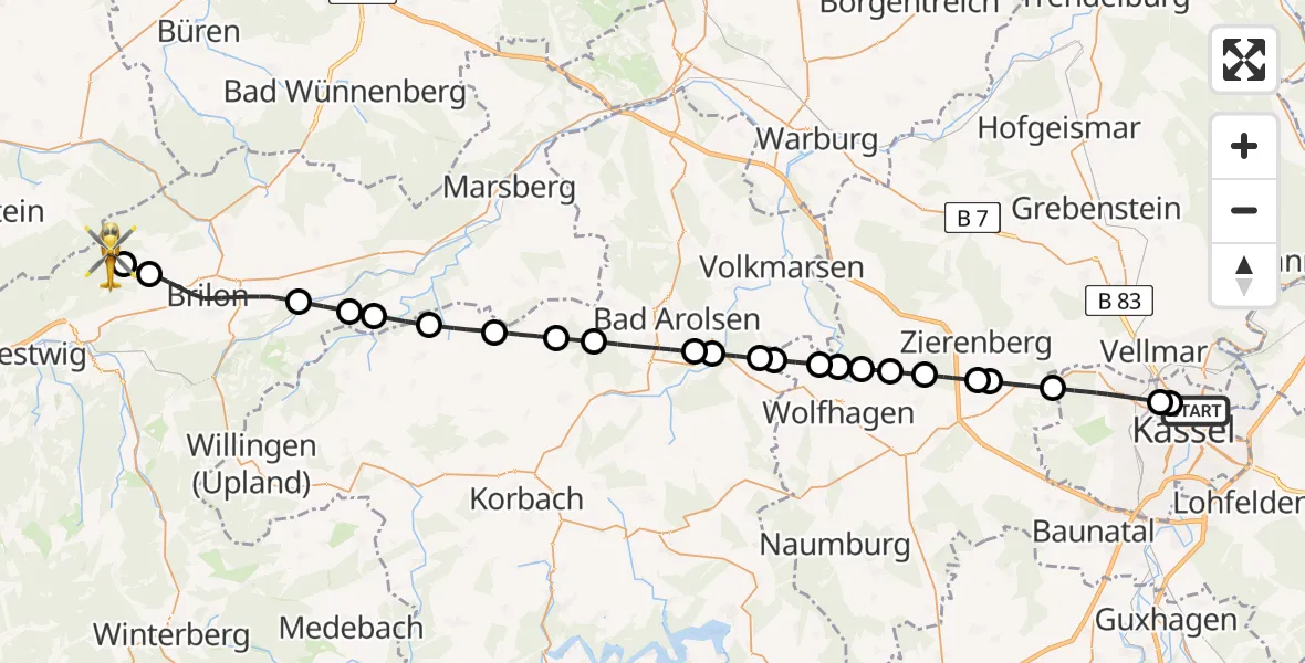 Flugroute Ambulanzhubschrauber Kassel - Altenbüren, 20 Februar 2026, 12:08