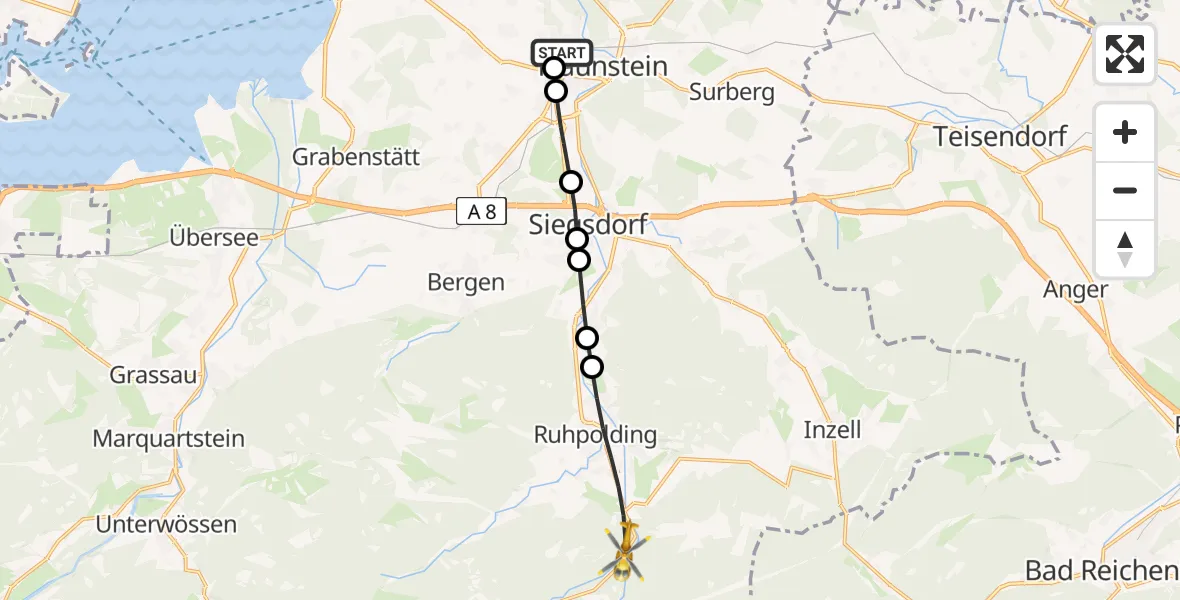 Flugroute Rettungshubschrauber Traunstein Hospital Helipad - Ruhpolding, 20 Februar 2026, 12:10