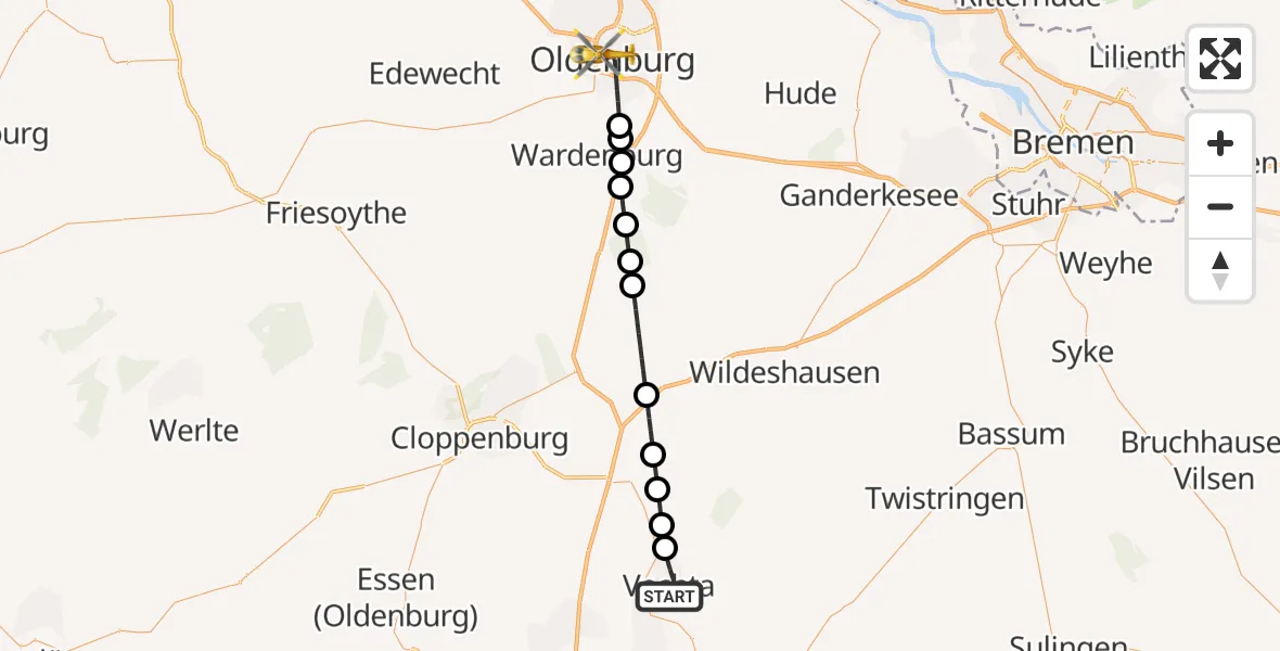 Flugroute Ambulanzhubschrauber Vechta - Oldenburg, 20 Februar 2026, 12:11