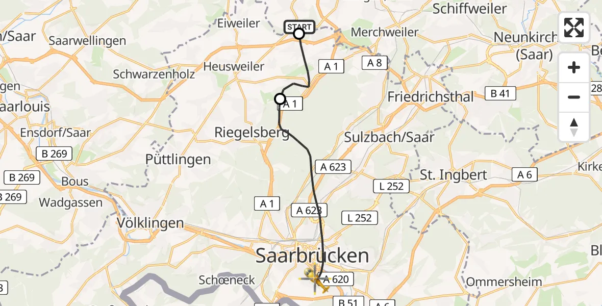 Flugroute Rettungshubschrauber Eppelborn - Saarbrücken, 20 Februar 2026, 12:13