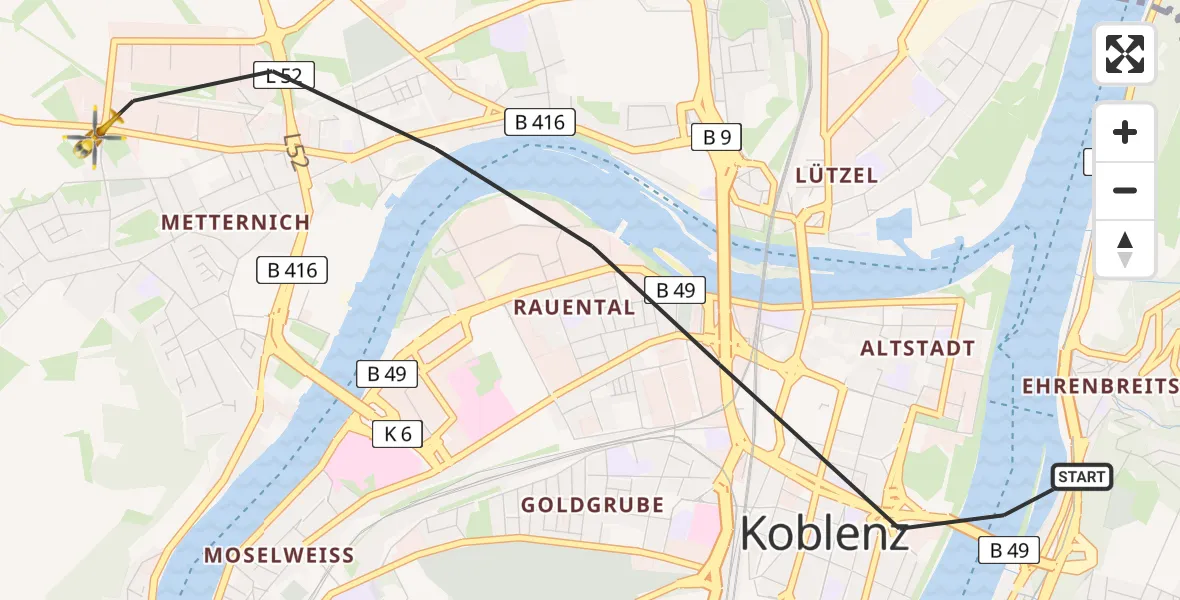 Flugroute Rettungshubschrauber Koblenz - Koblenz, 20 Februar 2026, 12:16