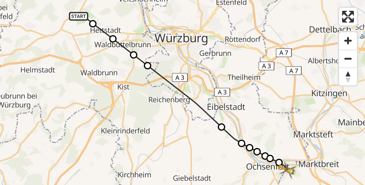 Flugroute Rettungshubschrauber Greußenheim - Ochsenfurt, 20 Februar 2026, 12:24