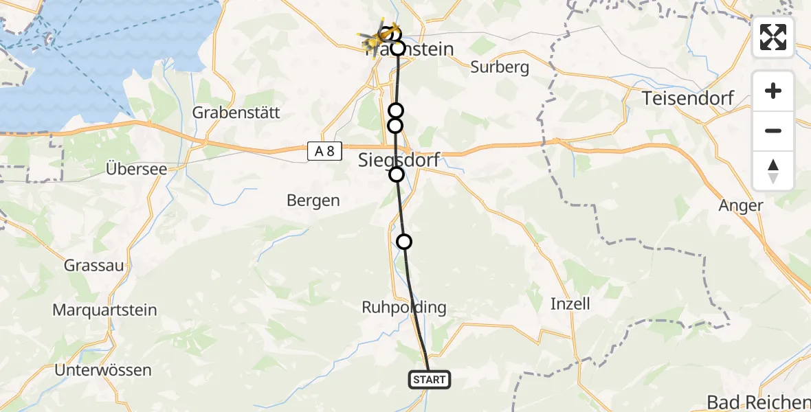 Flugroute Rettungshubschrauber Ruhpolding - Traunstein Hospital Helipad, 20 Februar 2026, 12:46