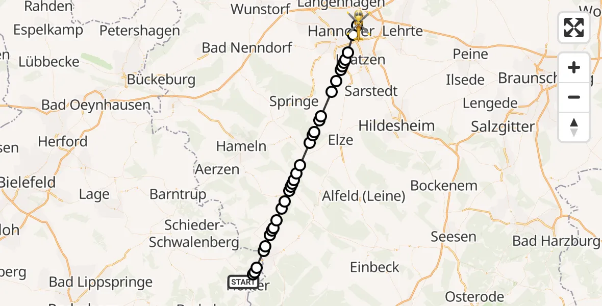 Flugroute Rettungshubschrauber Höxter - Hannover Air Rescue Heliport (Christoph 4), 20 Februar 2026, 12:53