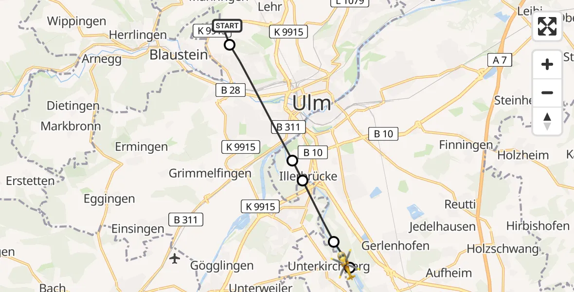 Flugroute Rettungshubschrauber ADAC Air Rescue Station Ulm (Christoph 22) - Unterkirchberg, 20 Februar 2026, 13:05