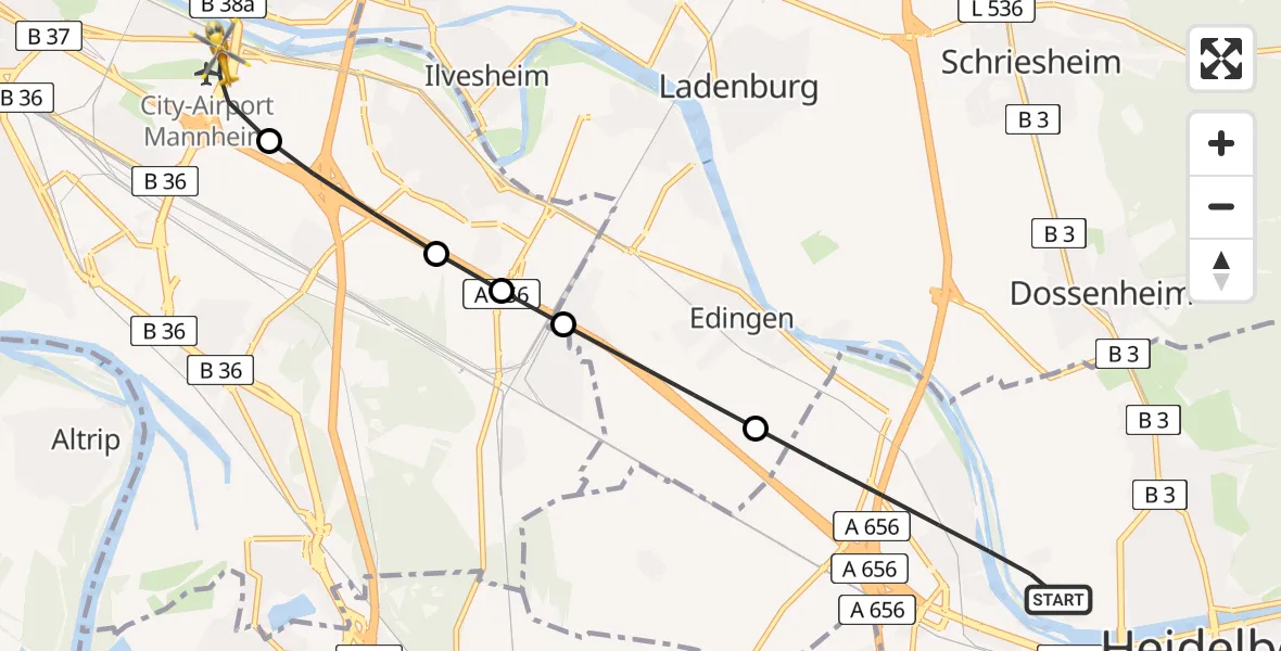 Flugroute Rettungshubschrauber Heidelberg - Mannheim-City Airport, 20 Februar 2026, 13:21