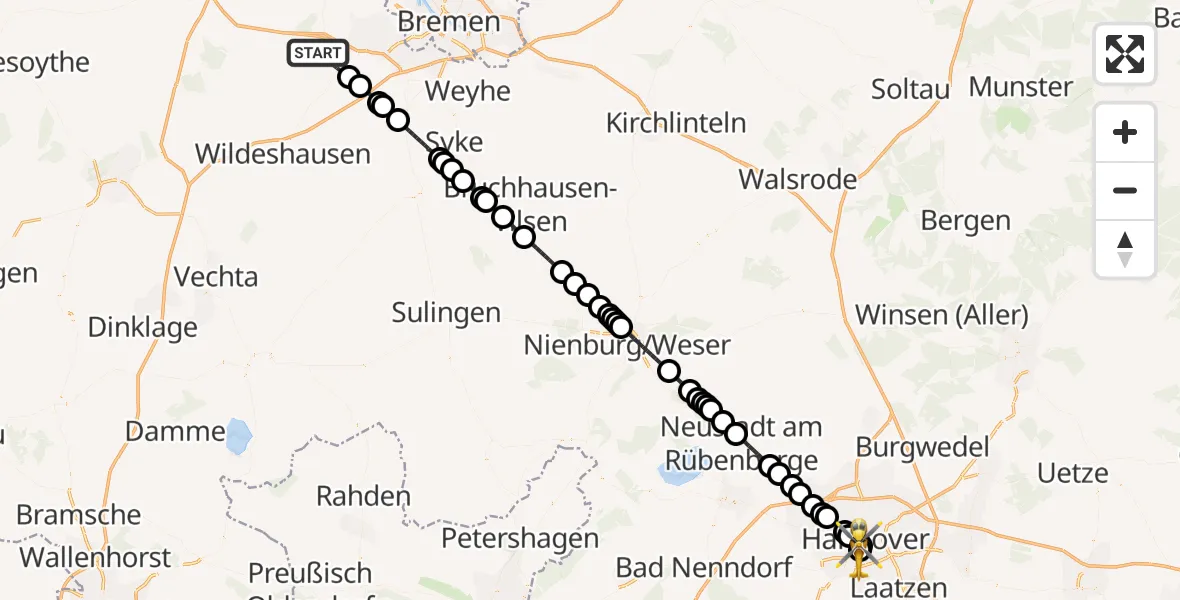 Flugroute Ambulanzhubschrauber Ganderkesee - Linden-Limmer, 20 Februar 2026, 13:27