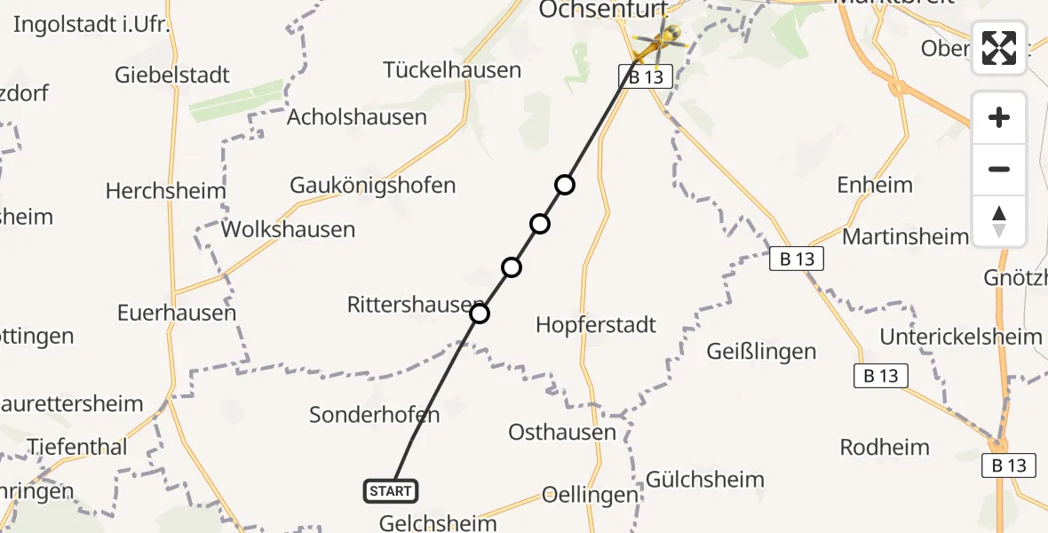 Flugroute Rettungshubschrauber Bolzhausen - Ochsenfurt, 20 Februar 2026, 13:29