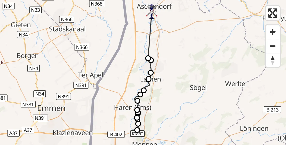 Flugroute Polizeihubschrauber Meppen - Herbrum, 20 Februar 2026, 13:32