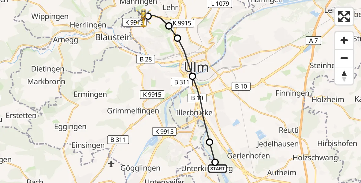 Flugroute Rettungshubschrauber Unterkirchberg - ADAC Air Rescue Station Ulm (Christoph 22), 20 Februar 2026, 13:49