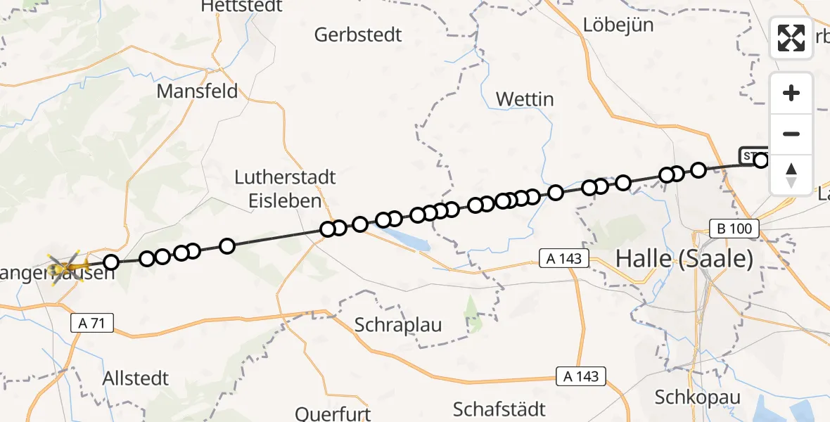 Flugroute Rettungshubschrauber Halle-Oppin Airfield - Sangerhausen, 20 Februar 2026, 13:52