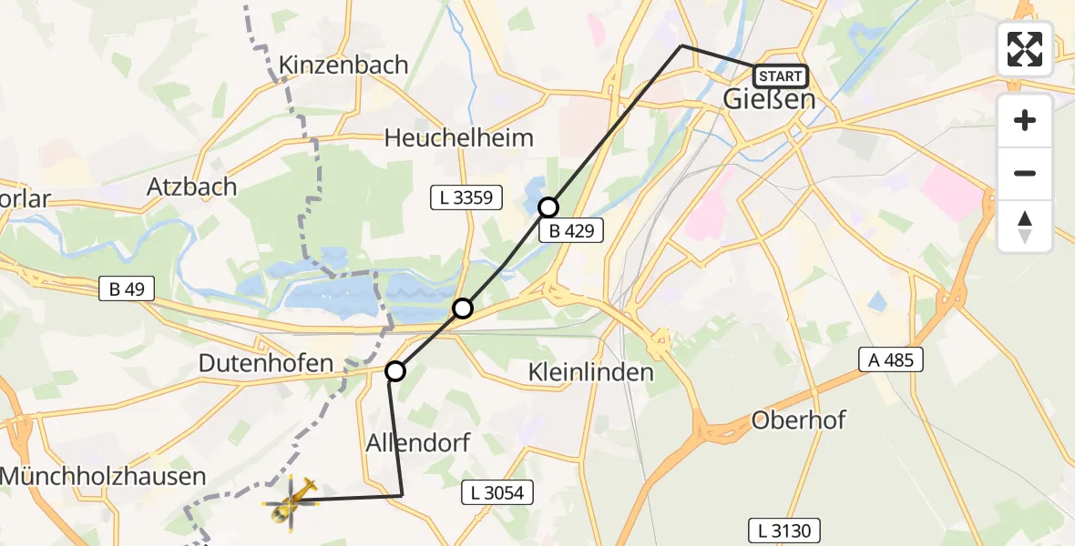 Routekaart van de vlucht: Ambulanzhubschrauber nach Allendorf, Friedhofstraße