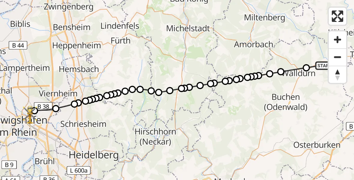 Flugroute Rettungshubschrauber Höpfingen - Neckarstadt-Ost/Wohlgelegen, 20 Februar 2026, 14:27