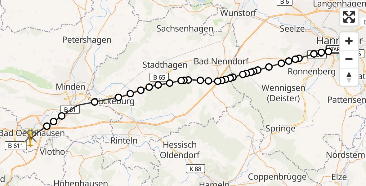 Flugroute Ambulanzhubschrauber Linden-Limmer - Bad Oeynhausen, 20 Februar 2026, 14:28