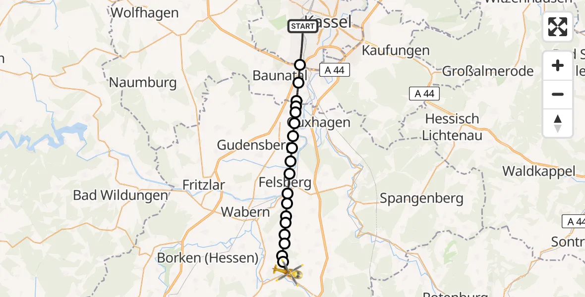 Flugroute Rettungshubschrauber Kassel - Homberg (Efze), 20 Februar 2026, 14:30