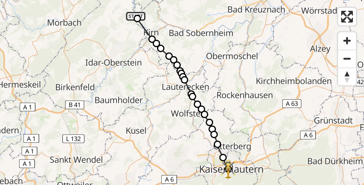 Flugroute Rettungshubschrauber Bruschied - Westpfalz Hospital Kaiserslautern Heliport, 20 Februar 2026, 14:36