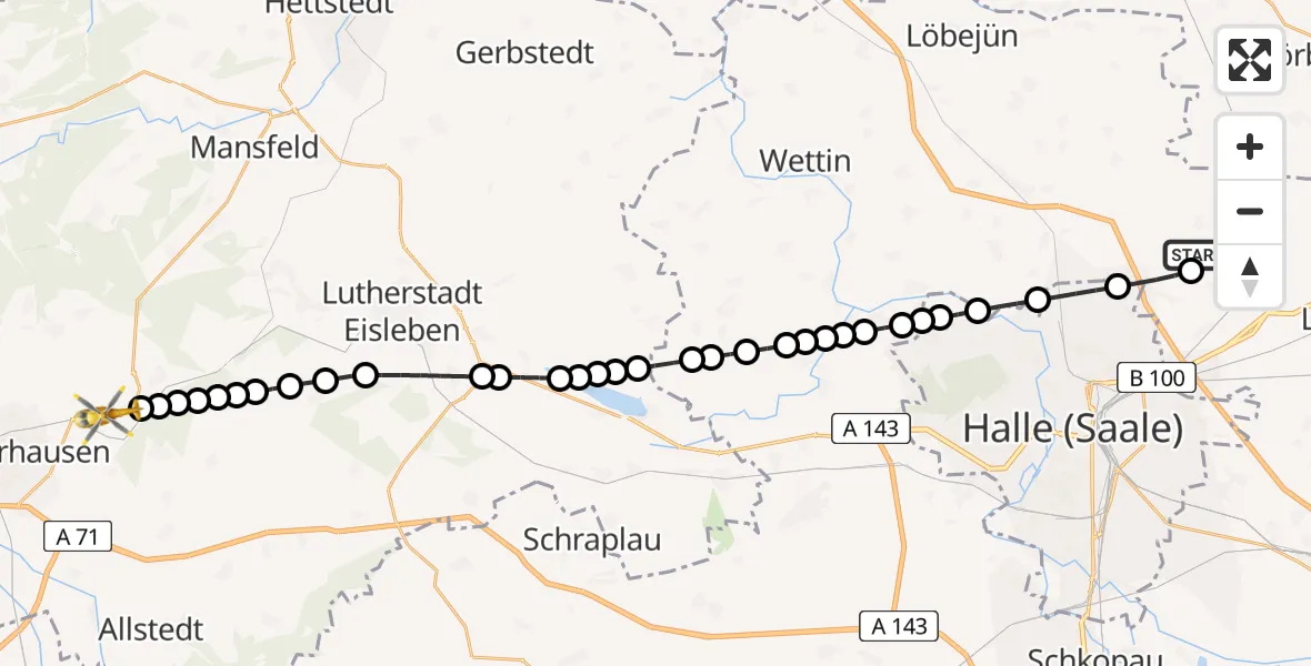 Flugroute Ambulanzhubschrauber Halle-Oppin Airfield - Riestedt, 20 Februar 2026, 14:50