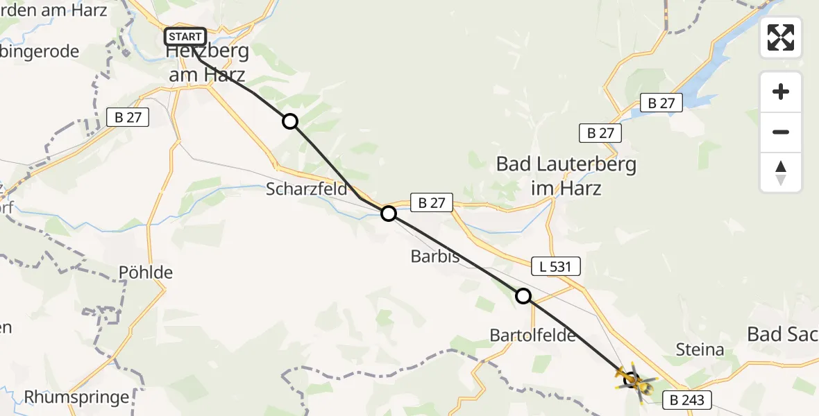 Flugroute Rettungshubschrauber Herzberg am Harz - Osterhagen, 20 Februar 2026, 14:55