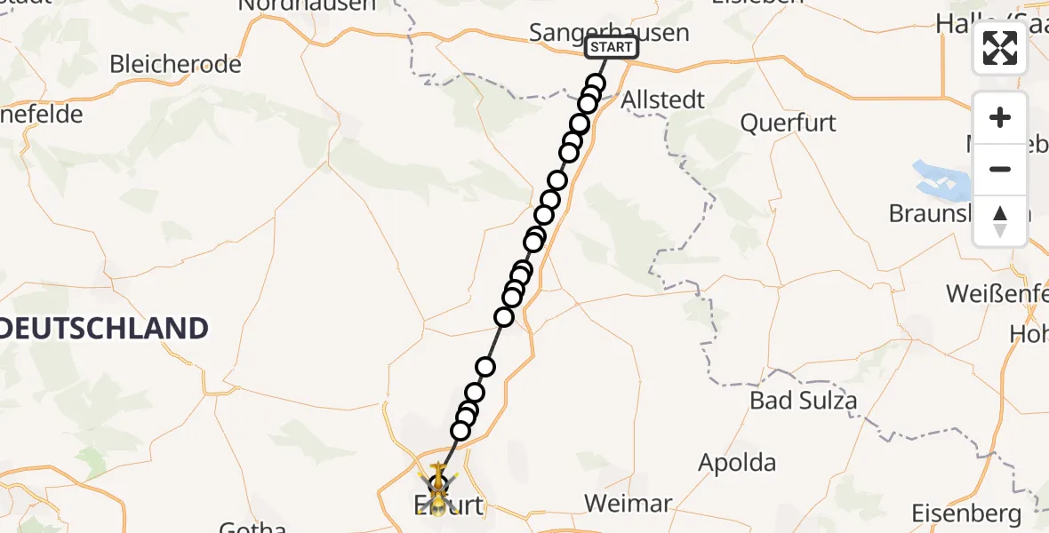 Flugroute Rettungshubschrauber Sangerhausen - Helios Clinic Erfurt Heliport, 20 Februar 2026, 15:00