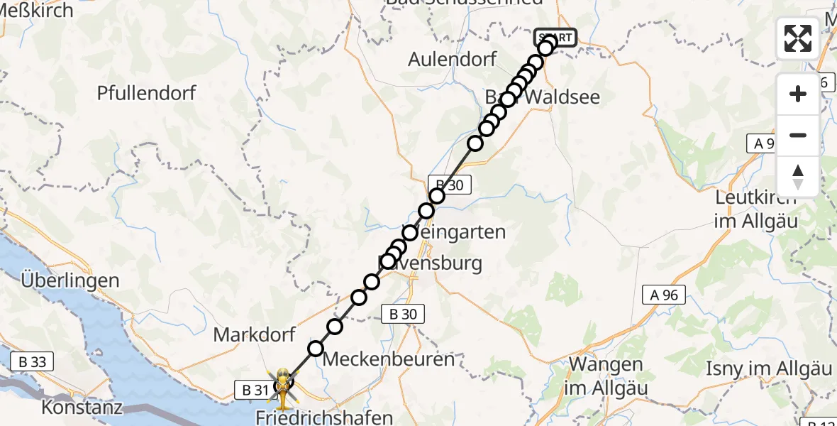 Flugroute Rettungshubschrauber Eberhardzell - Friedrichshafen Hospital Heliport, 20 Februar 2026, 15:03