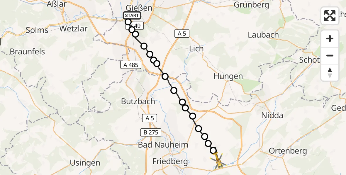 Flugroute Ambulanzhubschrauber Gießen - Reichelsheim Airfield, 20 Februar 2026, 15:17
