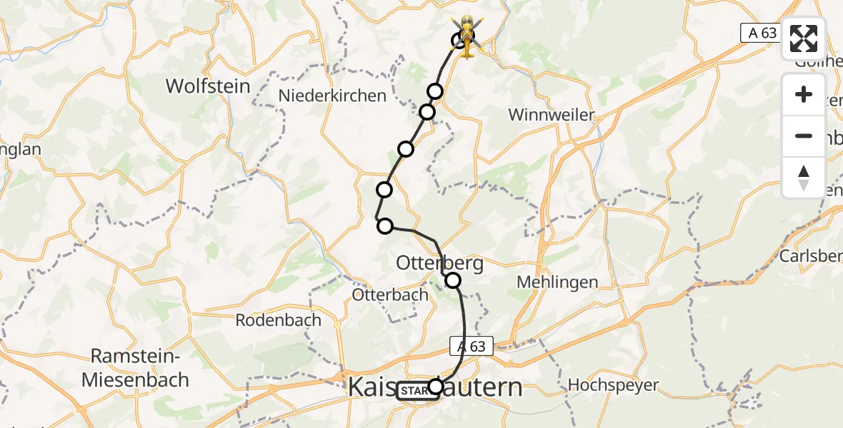 Flugroute Rettungshubschrauber Westpfalz Hospital Kaiserslautern Heliport - Imsweiler UL, 20 Februar 2026, 15:22