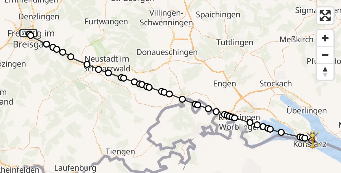 Flugroute Rettungshubschrauber Freiburg im Breisgau - Konstanz Hospital Heliport, 20 Februar 2026, 15:25