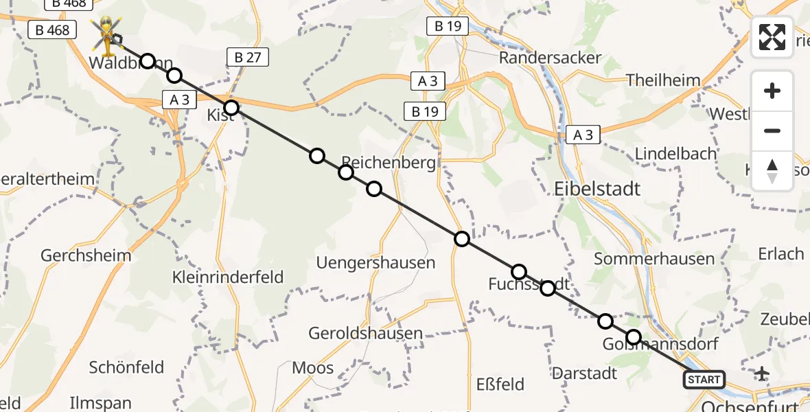 Flugroute Rettungshubschrauber Goßmannsdorf - Waldbrunn, 20 Februar 2026, 15:29