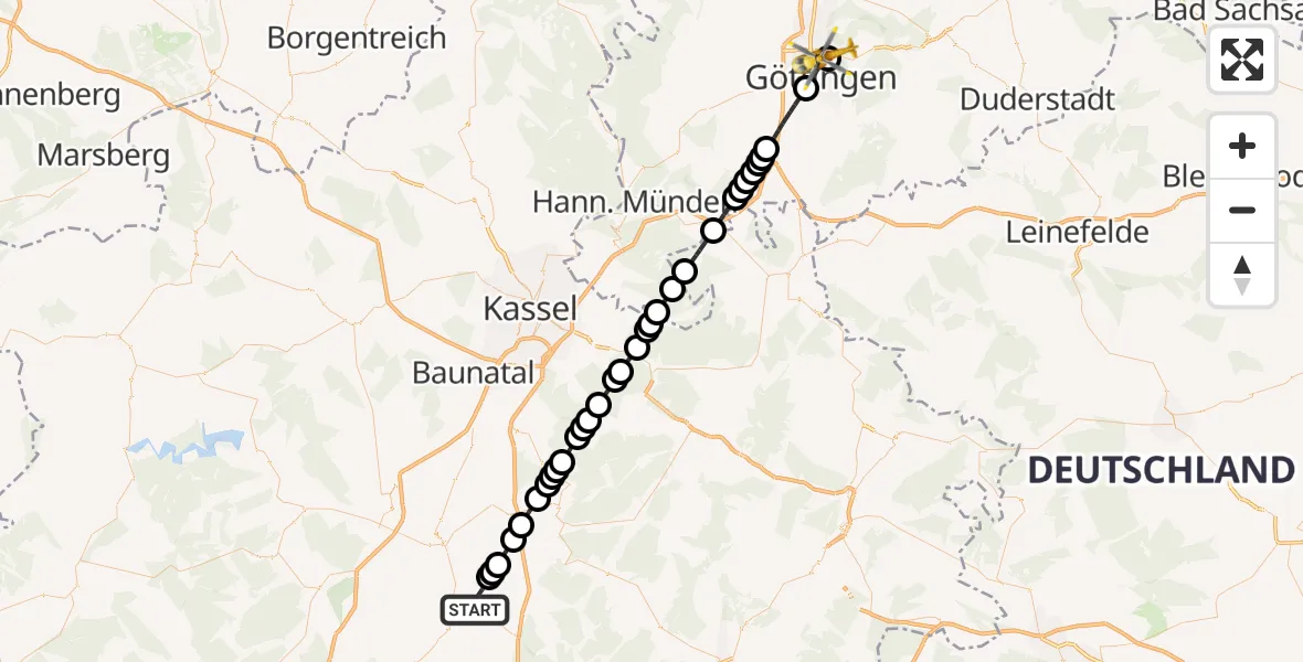 Flugroute Rettungshubschrauber Homberg (Efze) - Göttingen University Clinic Heliport, 20 Februar 2026, 15:30