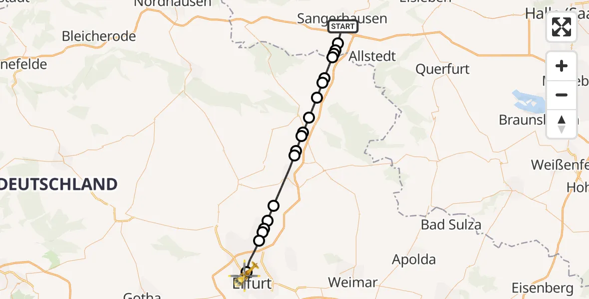 Flugroute Ambulanzhubschrauber Sangerhausen - Helios Clinic Erfurt Heliport, 20 Februar 2026, 15:41
