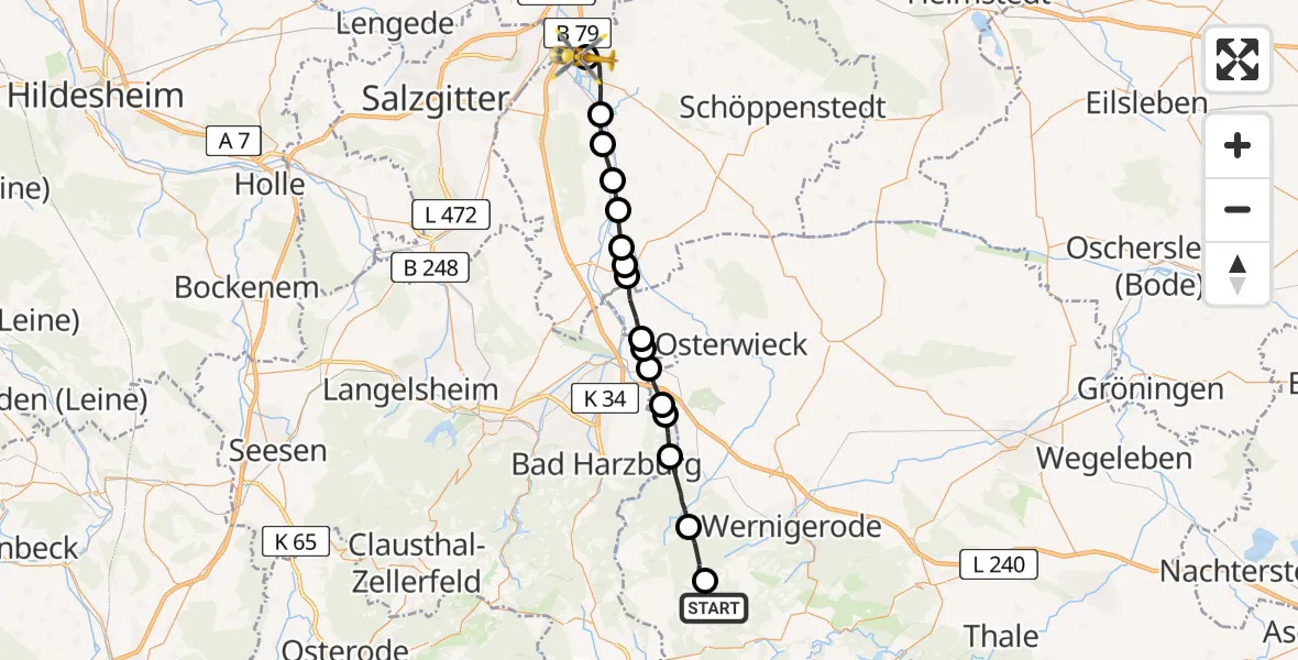 Flugroute Rettungshubschrauber Wernigerode - Wolfenbüttel Municipal Hospital Heliport (Christoph 30), 20 Februar 2026, 15:52