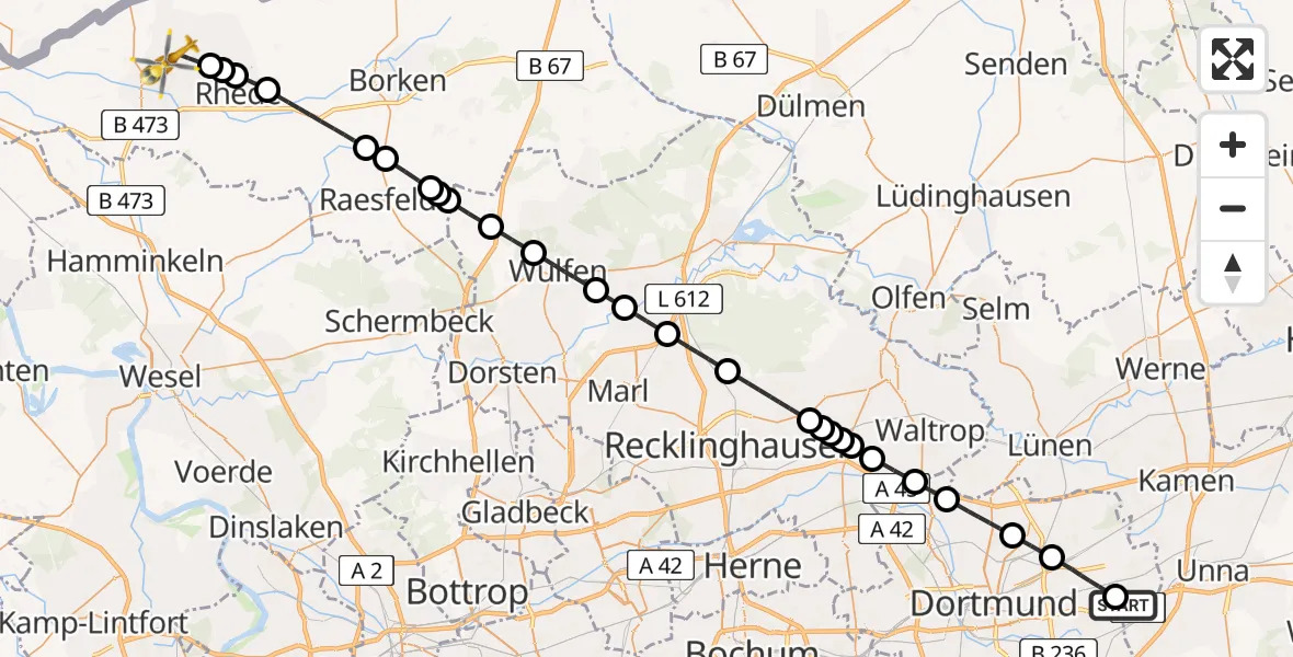 Flugroute Ambulanzhubschrauber Dortmund Airport - Bocholt, 20 Februar 2026, 15:54
